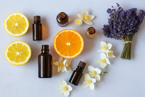 SaFiSpa essential oils with citrus, lavender, and jasmine flowers – premium aromatherapy blends