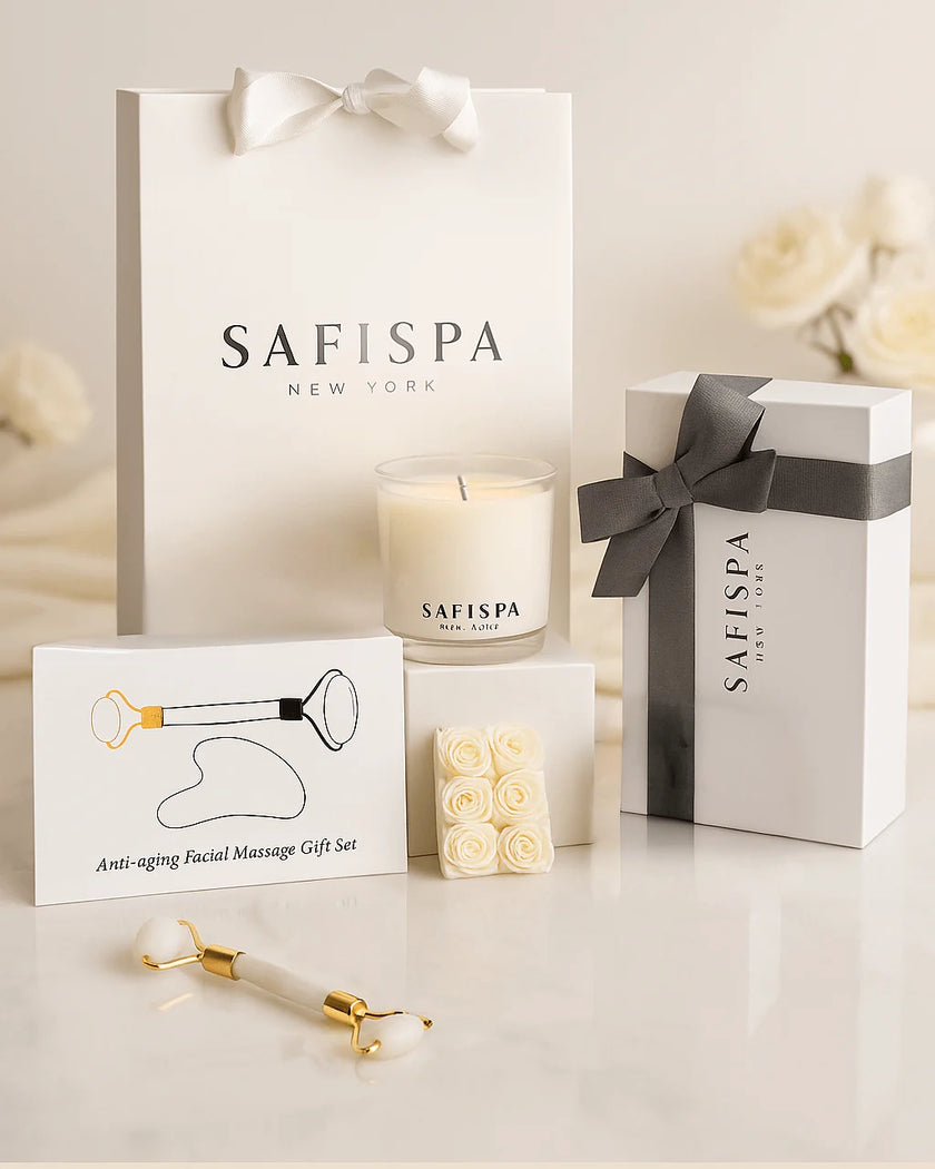 nwind in serenity with the SafiSpa Harmony Gift Set. Includes sage cleanse stick, gua sha set, amethyst elephant, mini candle, and your choice of full-size soy candle.