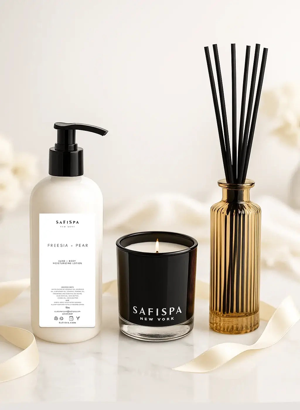 aromatherapy gift set lotion, candle, and diffuser. shop candle