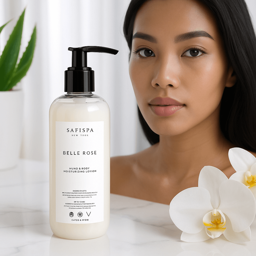 SaFiSpa Belle Rose Body Lotion with pump – luxury hand and body moisturizer enriched with natural oils, showcased beside white orchids and aloe plant for premium skincare appeal