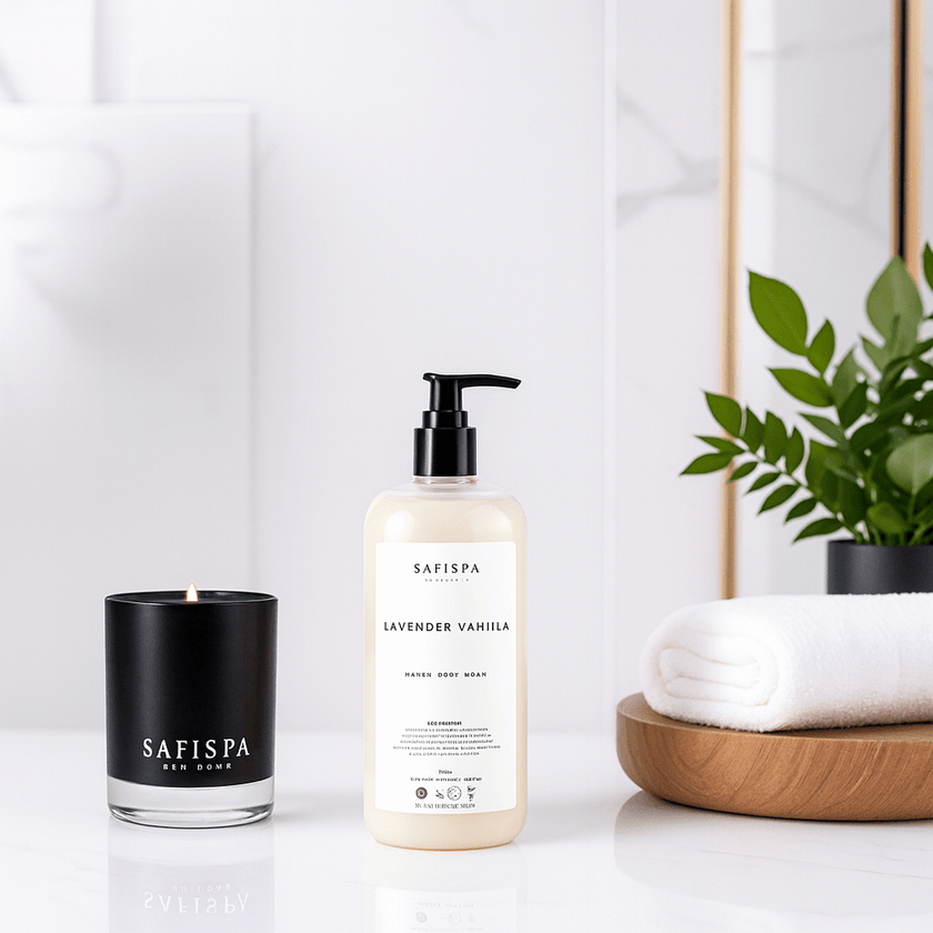 Luxury bathroom scene featuring SaFiSpa Lavender Vanilla Hand & Body Wash alongside a lit black jar candle and neatly folded towel on a wooden tray, creating a serene spa-like ambiance.