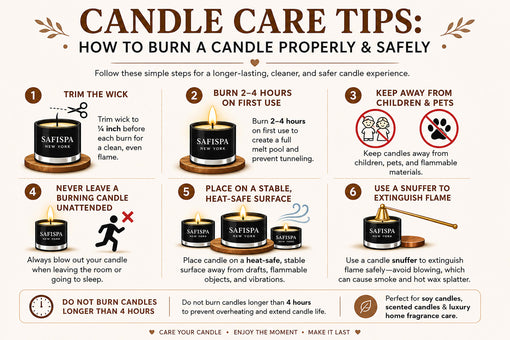 Instruction how care for candle ,the definitive guide to candle care: how to burn candles properly, prevent tunneling, trim wicks, and make candles last longer. Expert tips from SaFiSpa.