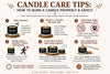 Instruction how care for candle ,the definitive guide to candle care: how to burn candles properly, prevent tunneling, trim wicks, and make candles last longer. Expert tips from SaFiSpa.
