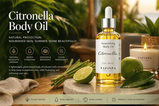 SaFiSpa citronella body oil styled with lemongrass, lime, tropical greenery, and a candle for summer skincare, hydration, and outdoor protection