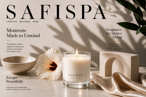 SaFiSpa luxury hibiscus soy candle in elegant editorial home fragrance setting with soft neutral decor, wellness-inspired styling, and premium Caribbean luxury candle aesthetic