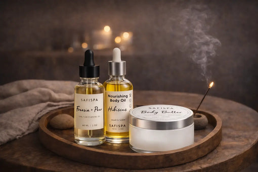 Candle-lit wellness ritual with essential oils, body lotion, and incense