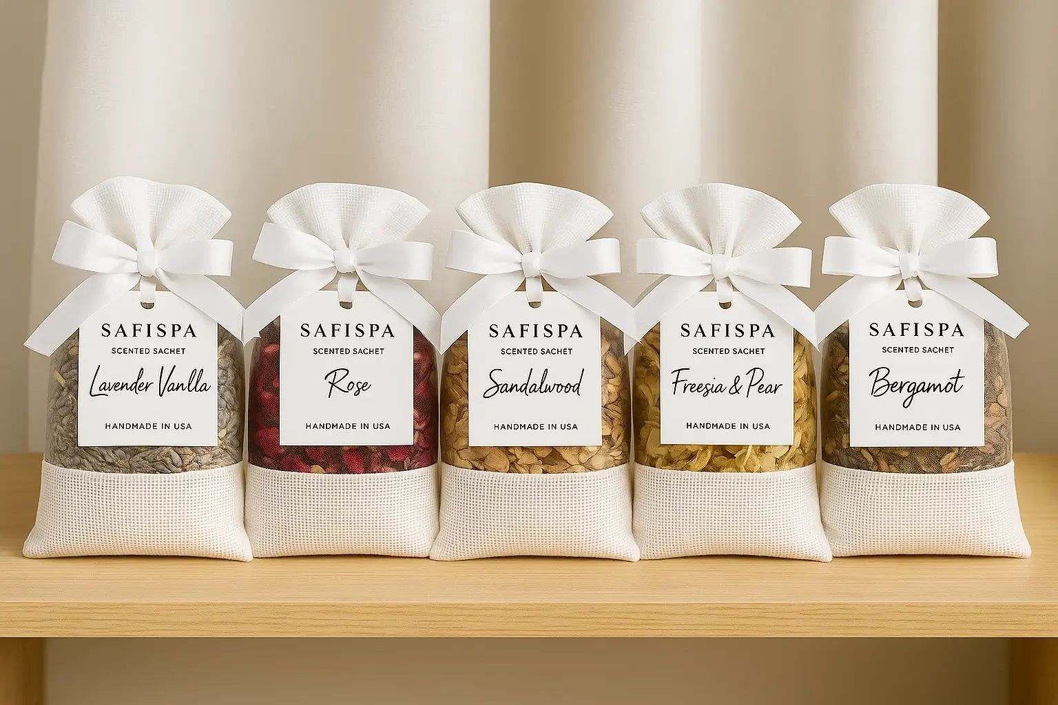5 pack luxury fragrance scented bags on a wooden surface with a neutral background