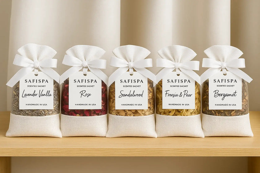 5 pack luxury fragrance scented bags on a wooden surface with a neutral background