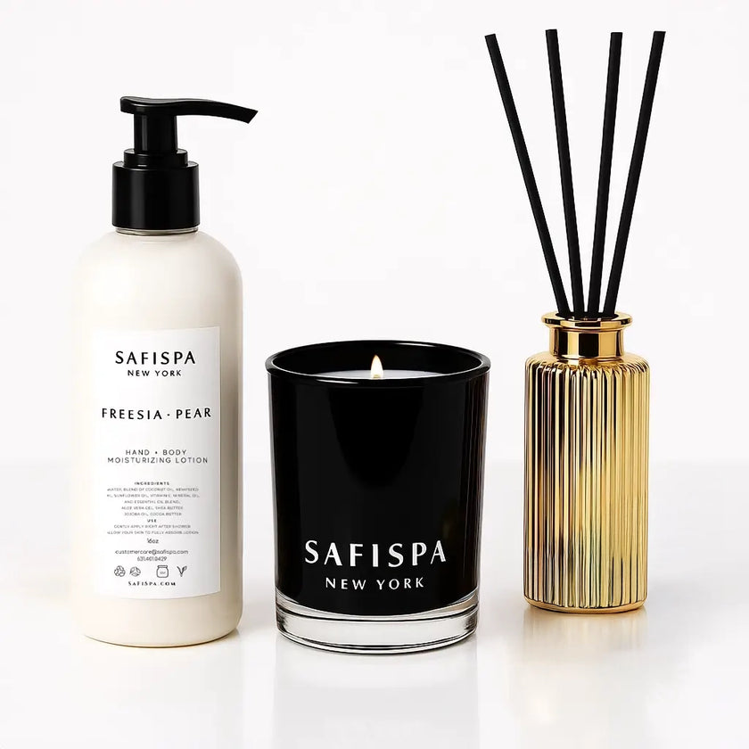 luxury holiday aromatherapy gift set with Freesia & Pear candle, moisturizing lotion, and reed diffuser — elegant gold and white aesthetic for seasonal gifting