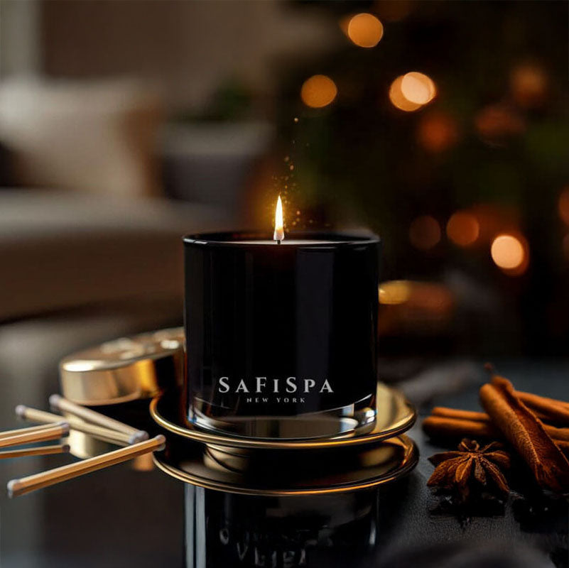 Unwind with Safispa: Handcrafted sandalwood candle with natural essential oils, perfect for creating a calming and grounding atmosphere