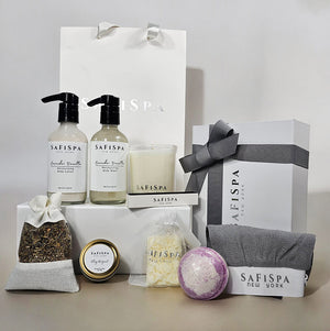 Indulge in serenity with the SafiSpa Tranquil Luxe Lavender Vanilla Spa Set. Includes relaxing candle, nourishing lotion, invigorating body wash, and more. Perfect for a spa-like experience at home.