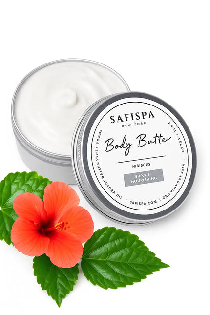 Close-up of SaFiSpa Body Butter creamy texture applied to skin, showcasing its rich, non-greasy moisturizing formula