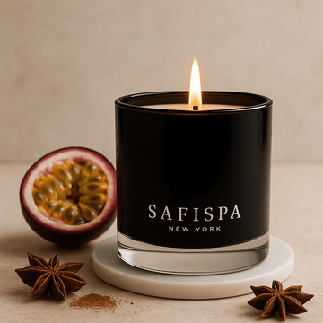 Luxury passion fruit candle with Caribbean spices, sweet and beautiful scent for wellness and yoga