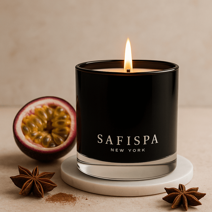Luxury passion fruit candle with Caribbean spices, sweet and beautiful scent for wellness and yoga