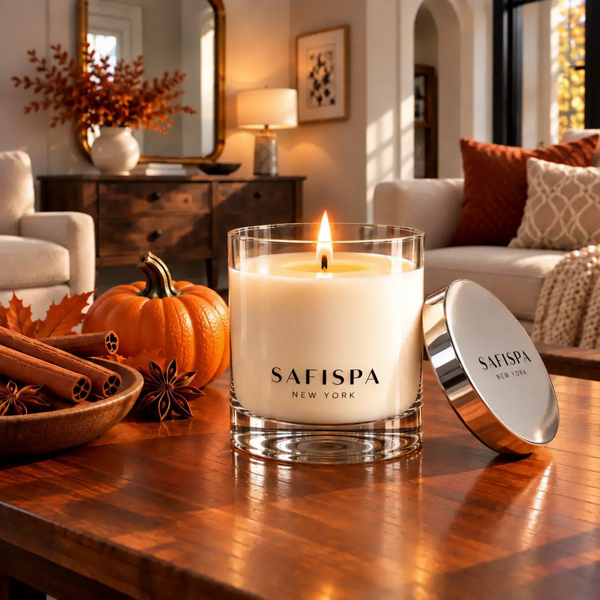 SaFiSpa New York Pumpkin Spice scented soy candle burning in a clear glass jar with silver lid, styled with pumpkin, cinnamon sticks and star anise on a wooden table in a cozy autumn living room