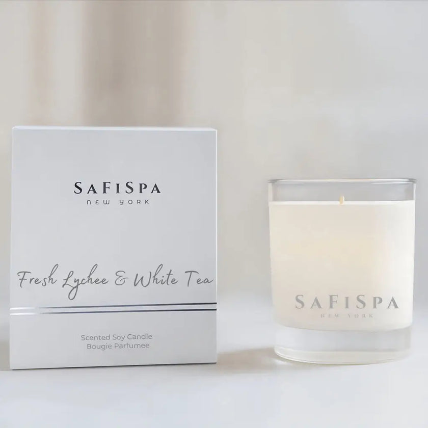 A refined fruity-floral luxury candle that doubles as a clean, long-lasting scented candle. Fresh lychee and delicate white tea meet bright citrus for an elegant candle that feels like a spa day—any day. Hand-poured in NYC with 100% natural soy wax.