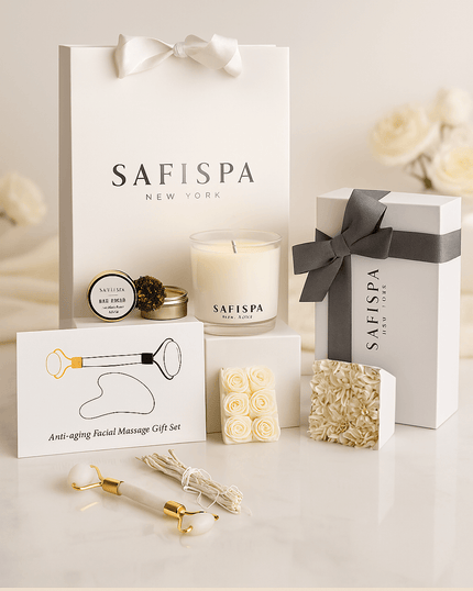 Unwind in serenity with the SafiSpa Harmony Gift Set. Includes sage cleanse stick, gua sha set, amethyst elephant, mini candle, and your choice of full-size soy candle.