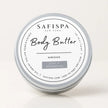 SaFiSpa Hibiscus Body Butter in silver tin, made with cocoa butter, shea butter, and jojoba oil, labeled silky and nourishing for dry to very dry skin.