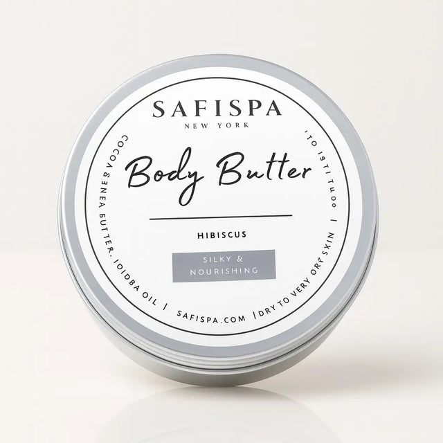 SaFiSpa Hibiscus Body Butter in silver tin, made with cocoa butter, shea butter, and jojoba oil, labeled silky and nourishing for dry to very dry skin.