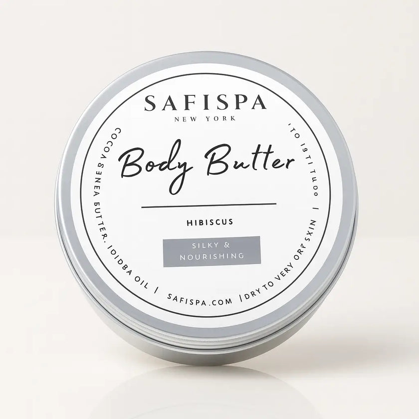 SaFiSpa Hibiscus Body Butter in silver tin, made with cocoa butter, shea butter, and jojoba oil, labeled silky and nourishing for dry to very dry skin.