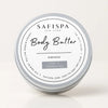 SaFiSpa Hibiscus Body Butter in silver tin, made with cocoa butter, shea butter, and jojoba oil, labeled silky and nourishing for dry to very dry skin.
