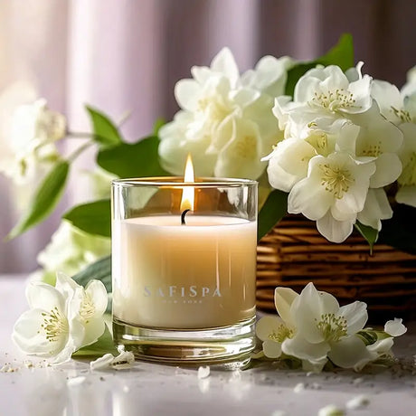 Jasmine Marie soy candle in glass jar – luxury 8 oz scented candle with floral fruity fragrance