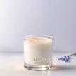 Safispa New York Lavender luxury soy candle in clear glass vessel with silver logo, premium home fragrance inspired by calming French lavender, spa-quality clean burn candle.
