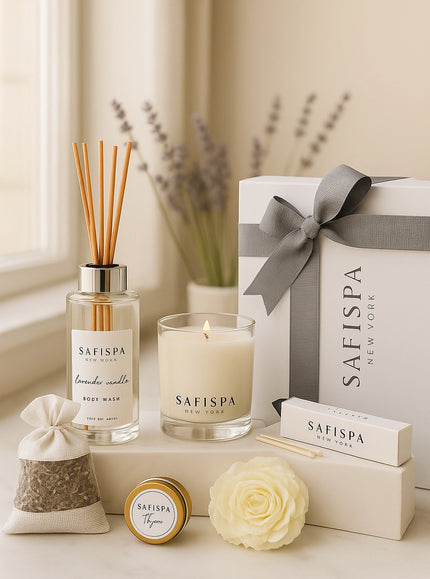 Luxury SAFISPA Lavender Vanilla Serenity Gift Set featuring a silver-top reed diffuser, soy candle, lavender sachet, floral accent, and elegant gift box with gray ribbon.