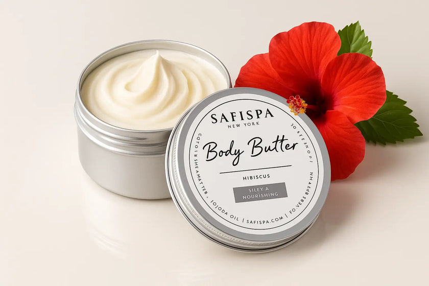 Close-up of SaFiSpa Body Butter creamy texture applied to skin, showcasing its rich, non-greasy moisturizing formula