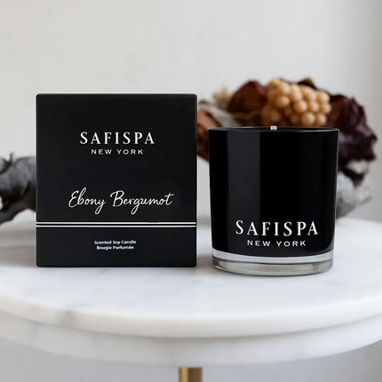 uxurious soy wax candle infused with bergamot and ebony wood essential oils