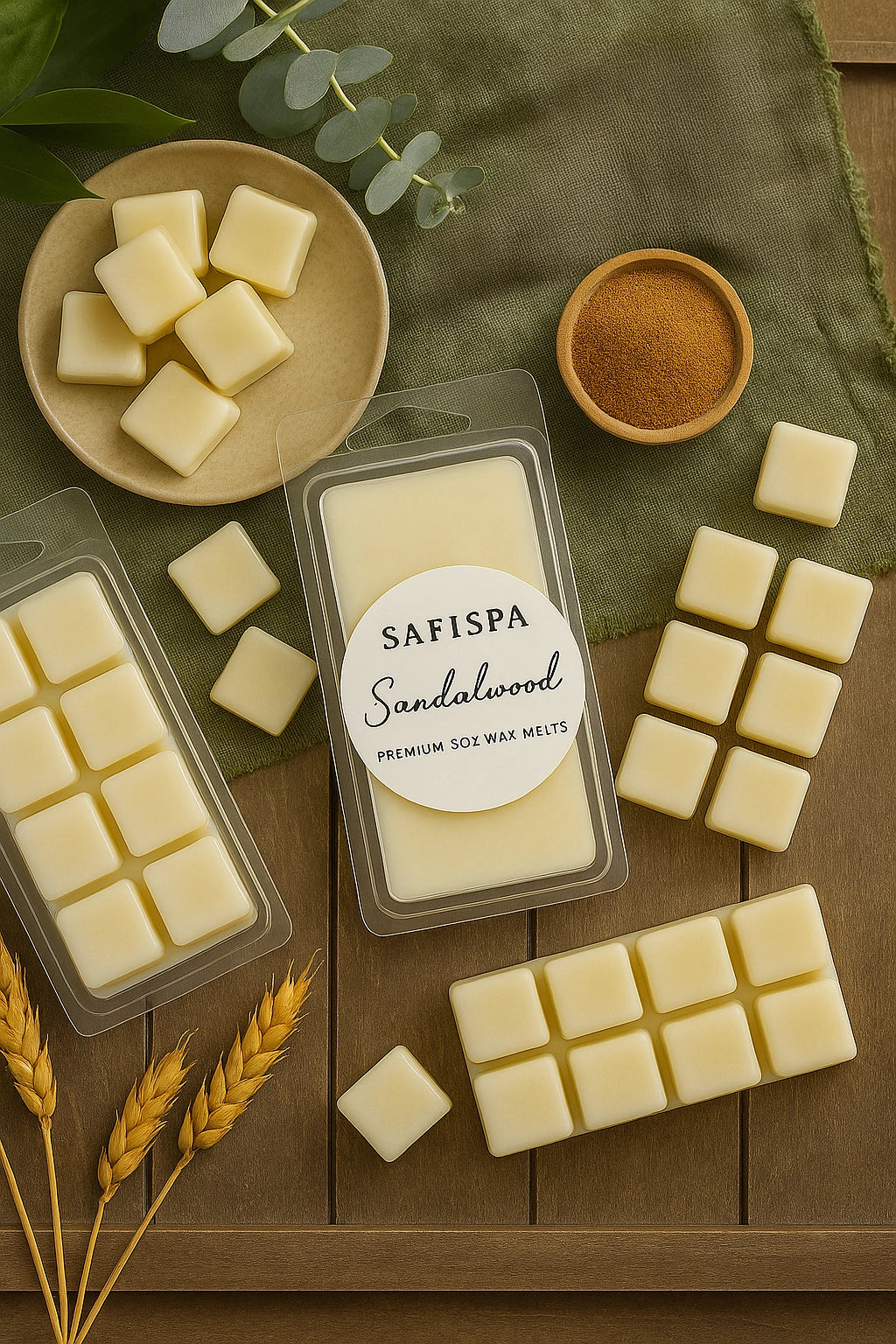 Sandalwood wax melts with packaging on a wooden surface, featuring SAFISPA branding.
