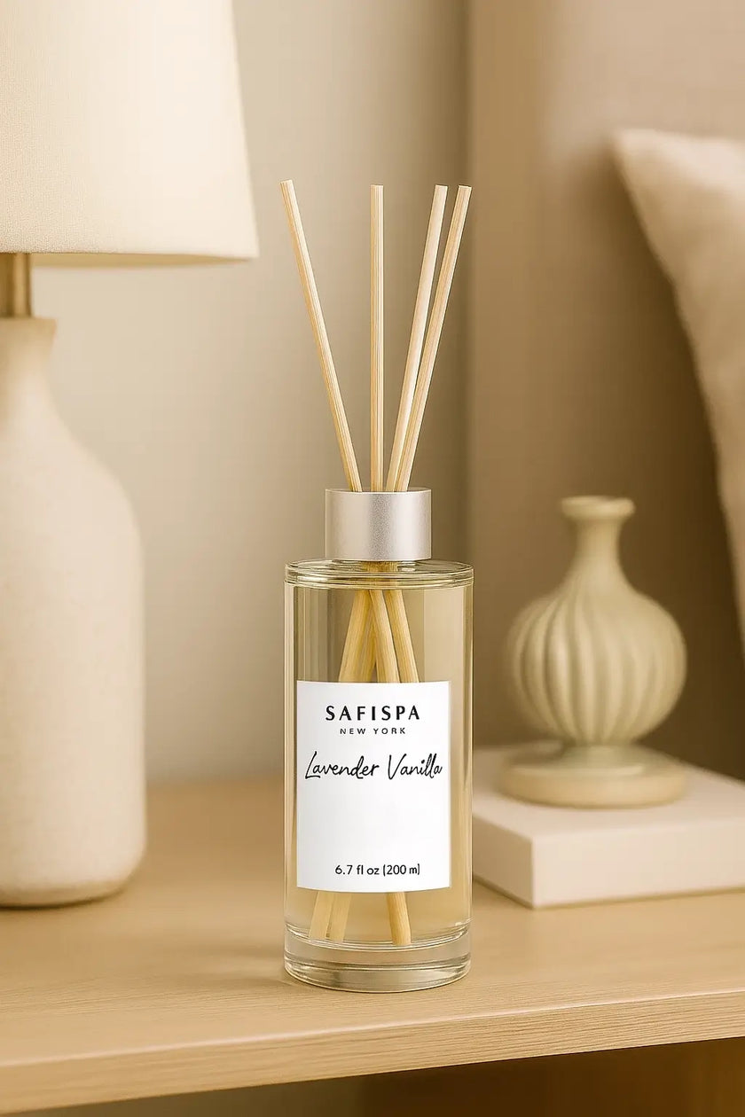 Safispa diffuser bottle with sticks on a wooden surface