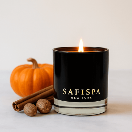 Luxury Pumpkin spice fall candle. A vibrant orange pumpkin with a long stem, ready for fall festivities