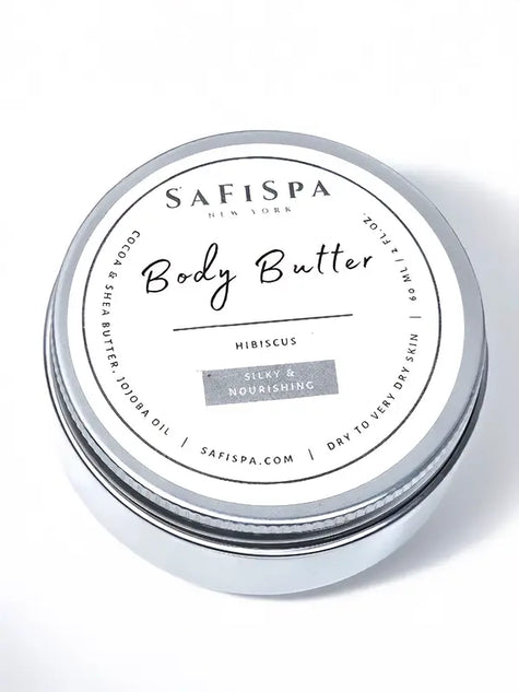 SaFiSpa Deep Hydration Body Butter jar with shea butter, cocoa butter, and jojoba oil, shown on a clean white background
