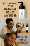 Luxury SAFISPA Oatmeal Lavender Honey Pet Shampoo bottle placed in front of a freshly bathed dog with soft, soapy fur, highlighting its gentle, moisturizing formula for dogs’ skin and coat.
