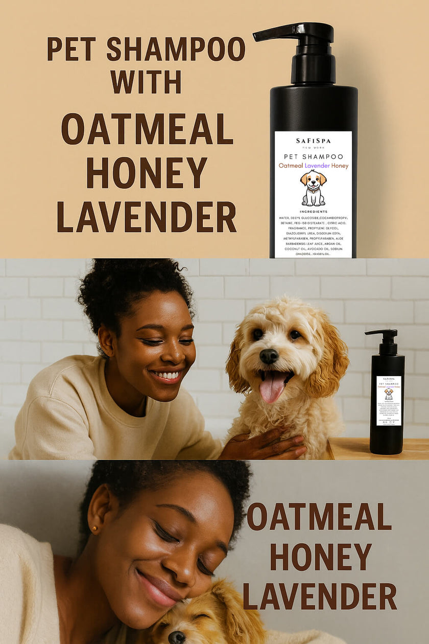 Luxury SAFISPA Oatmeal Lavender Honey Pet Shampoo bottle placed in front of a freshly bathed dog with soft, soapy fur, highlighting its gentle, moisturizing formula for dogs’ skin and coat.