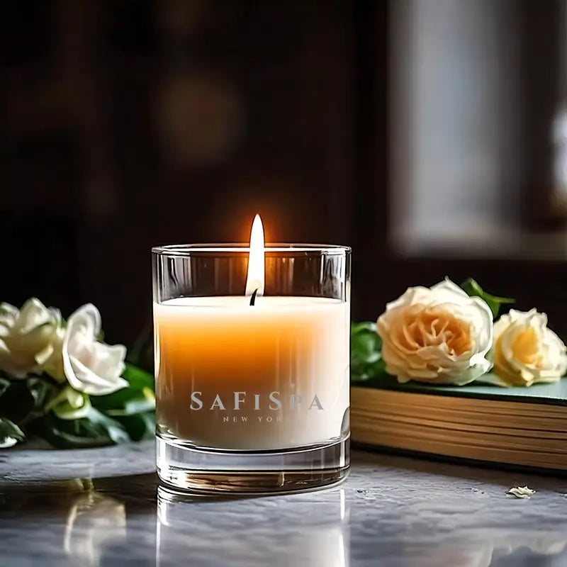 Lit Belle Rose candle emitting warm glow, filling room with relaxing rose and mint scent