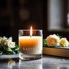Lit Belle Rose candle emitting warm glow, filling room with relaxing rose and mint scent
