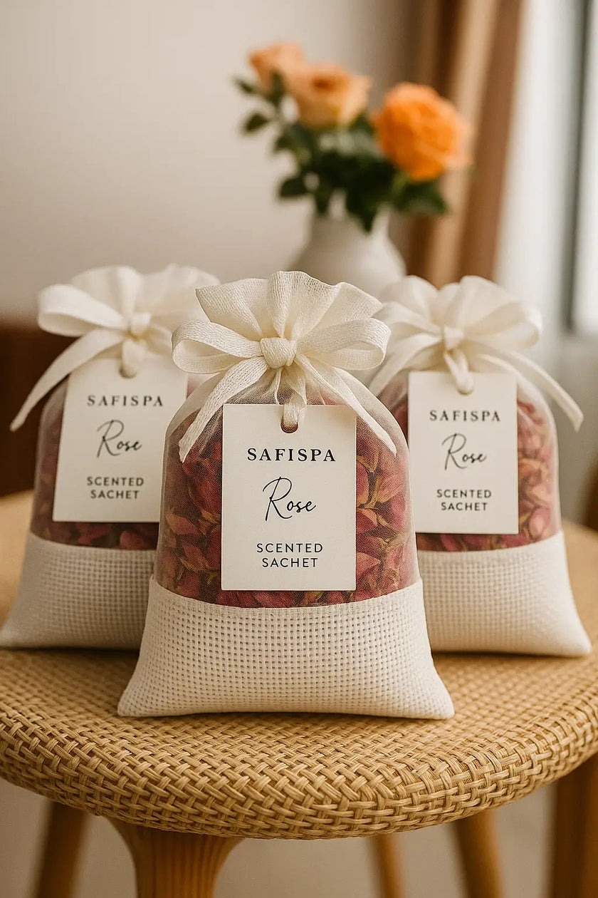 Three SAFISPA Rose scented sachets on a woven stool with a vase of flowers in the background.
