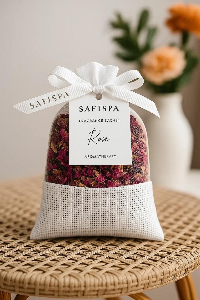 Safispa fragrance sachet labeled 'Rose' on a woven surface with a blurred floral background.