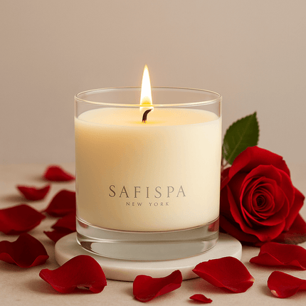 Belle Rose candle emitting warm glow, filling room with relaxing rose and mint scent