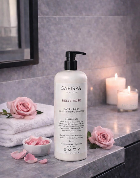 Belle Rose Hand + Body Moisturizing Lotion by SaFiSpa blends delicate rose fragrance with nourishing oils to create a soft and elegant skincare experience.