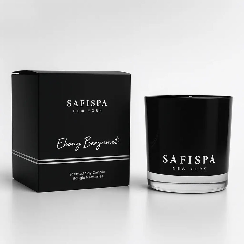 SaFiSpa Ebony Bergamot luxury soy candle with elegant black box – premium scented candle with bergamot fragrance, hand-poured in New York
