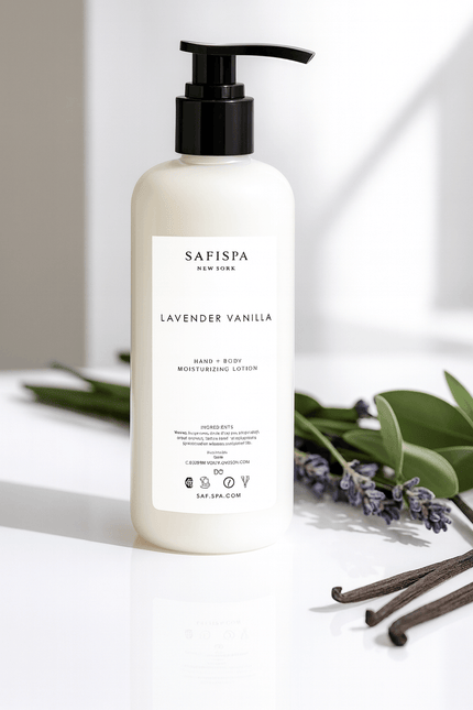 Pamper your skin with SaFiSpa NY’s Lavender Vanilla Lotion—a soothing blend of lavender and vanilla for relaxation and 24-hour hydration.