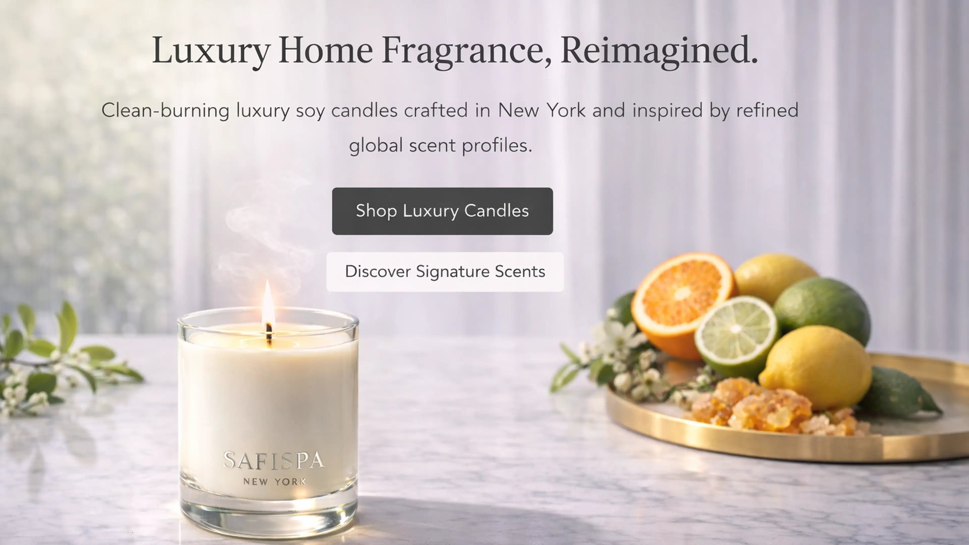 Safispa New York luxury soy candle in clear glass vessel, premium clean-burning home fragrance crafted in New York for modern interiors.