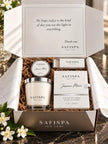 SaFiSpa Jasmine Marie luxury scented candle gift set with soy candle, premium gift box, matchbox and jasmine flowers.