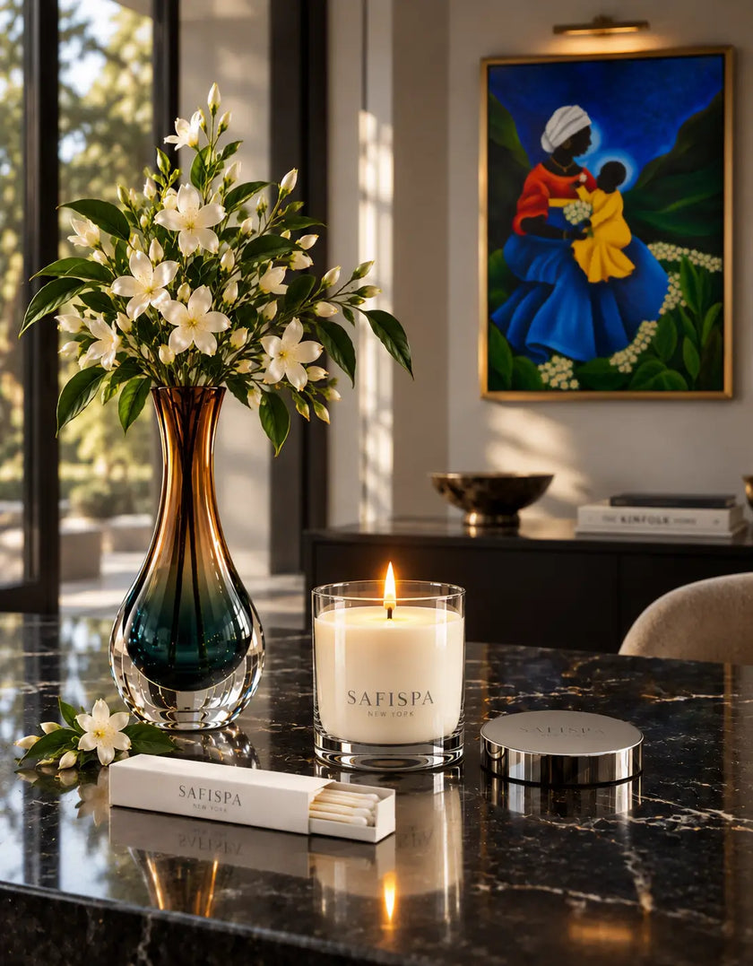 safispa jasmien marie candle in a clear glass jar sits on a dark marble table beside a tall gradient vase, matchbox, and the silver lid. 