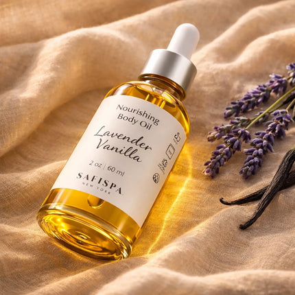 SaFiSpa Lavender Vanilla Body Oil luxury bathroom spa scene with marble counter and soft natural light