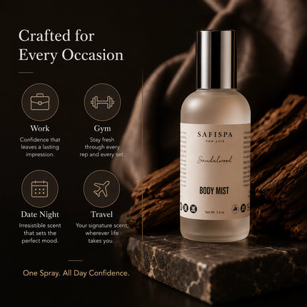 SaFiSpa Sandalwood Body Mist for work, gym, date night and travel, presented as a versatile everyday unisex fragrance.