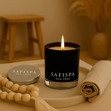 SaFiSpa Sandalwood Soy Candle with silver lid on a spa tray, surrounded by wooden beads and rolled linen towel in a warm, minimalist setting. Luxury vegan candle hand-poured in New York, ideal for home fragrance and wellness rituals.